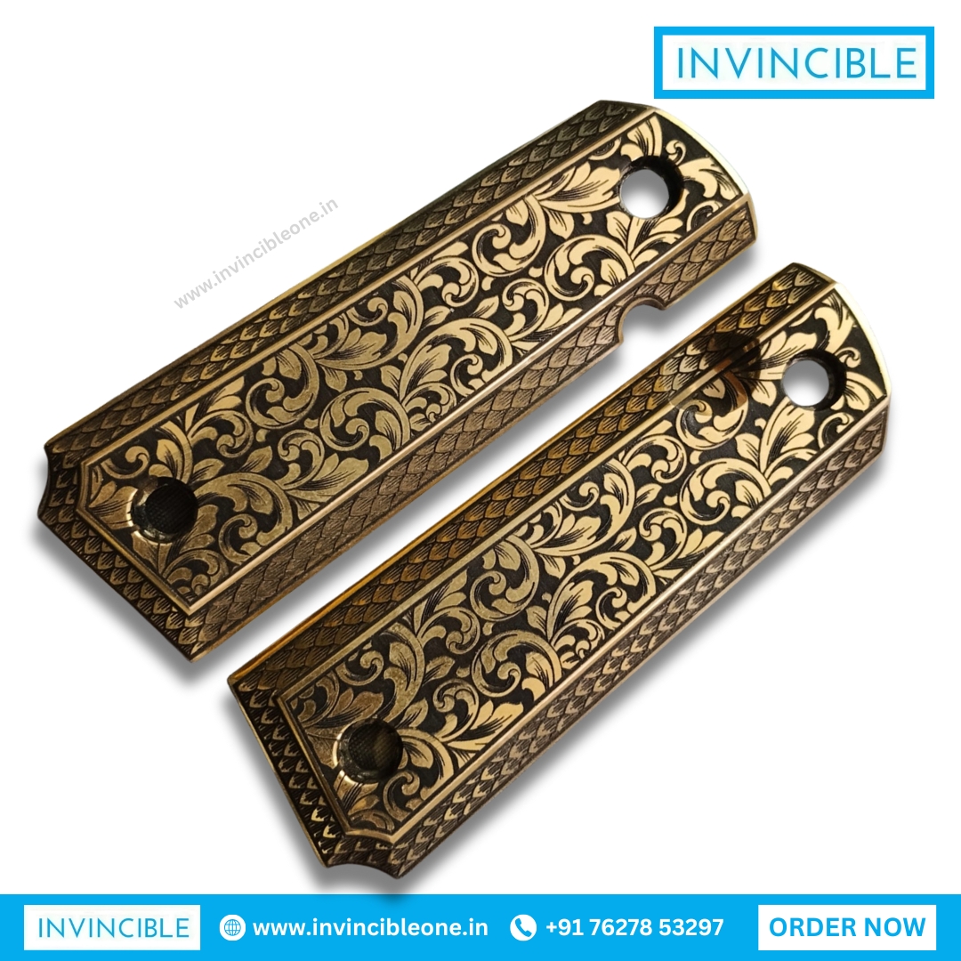 Designer Metal Floral Nakshi Grip Panels for 1911 Full Size | Premium Metal Grip Set - Image 3
