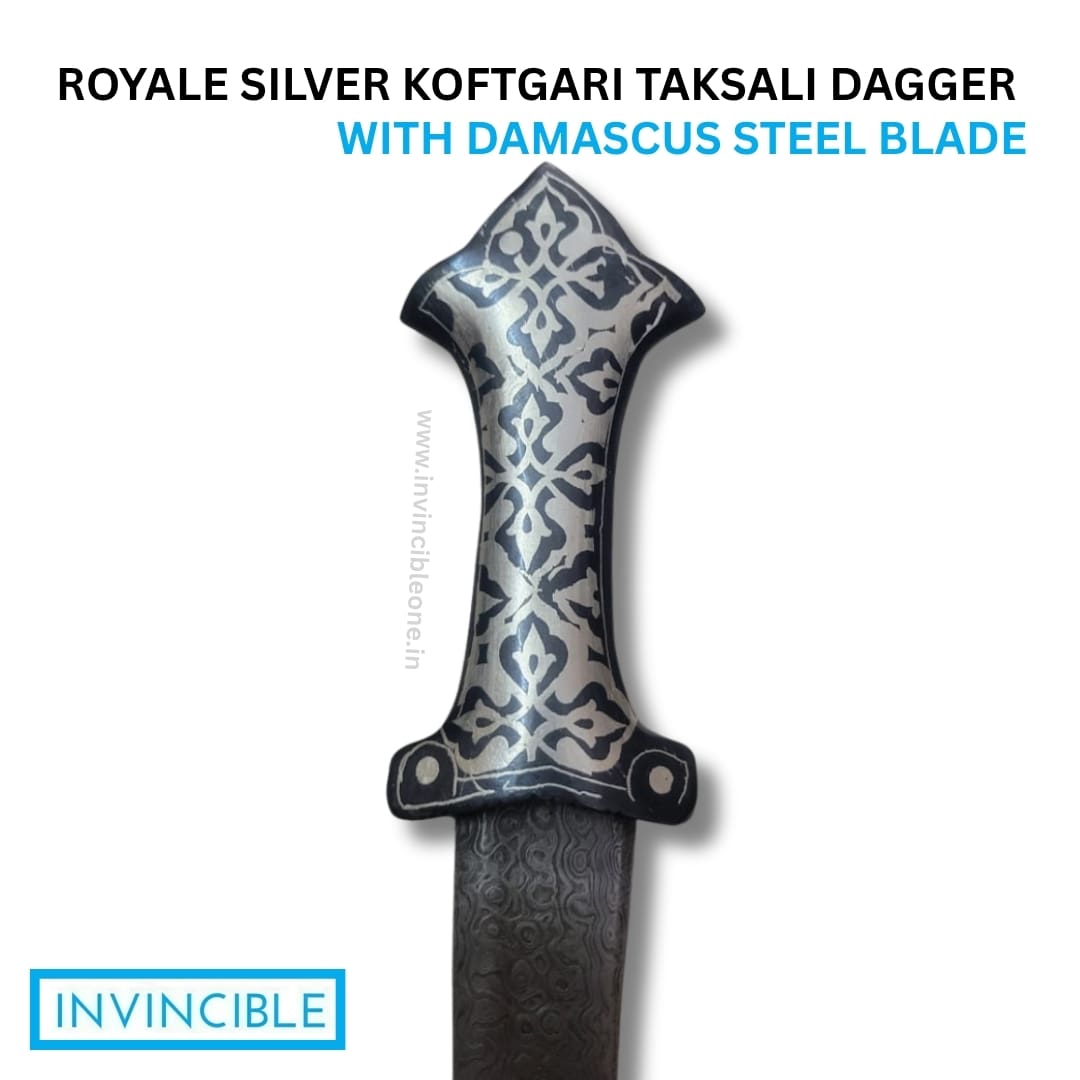 Royale Silver Koftgari Taksali Dagger with Hand-Forged Damascus Steel Blade - Image 4