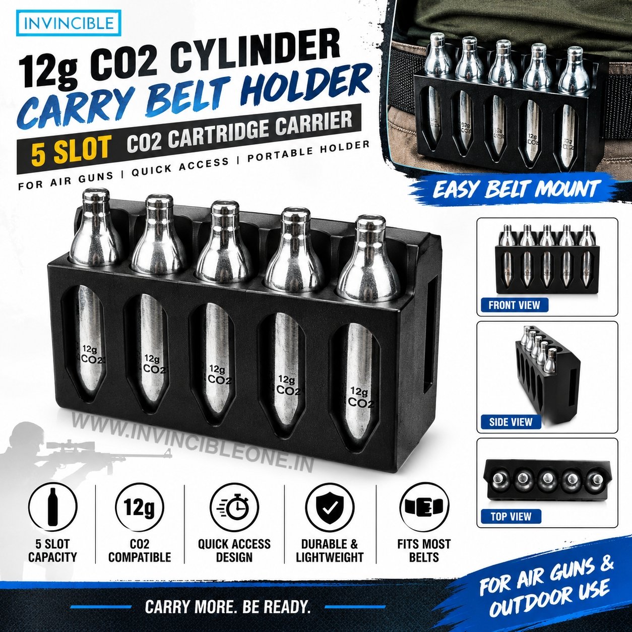12g CO2 Cylinder Carry Belt Holder for Air Guns | 5 Slot CO2 Cartridge Carrier |