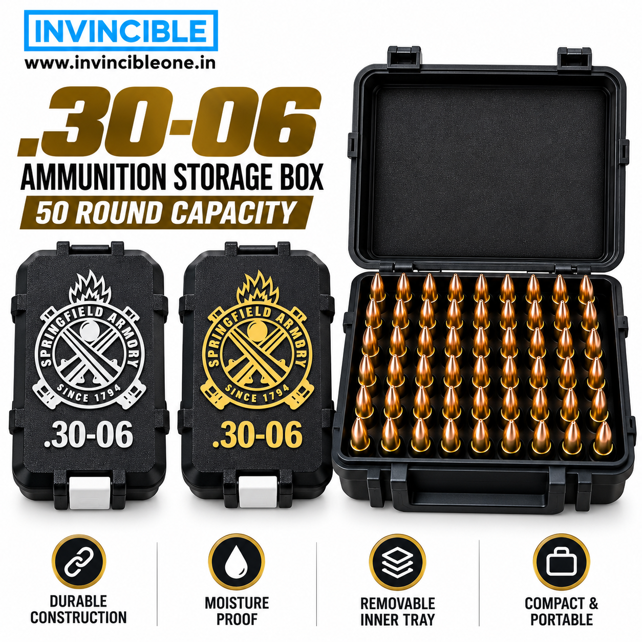 Ammunition Storage Box .30-06 Cal 50 Round | Easy Carry Ammo Case | Portable Sealed Ammo Organizer Box