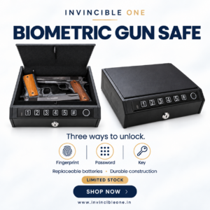 Biometric Pistol Safe Box with LED Light – Fingerprint, Password & Key Access | Type-C Charging